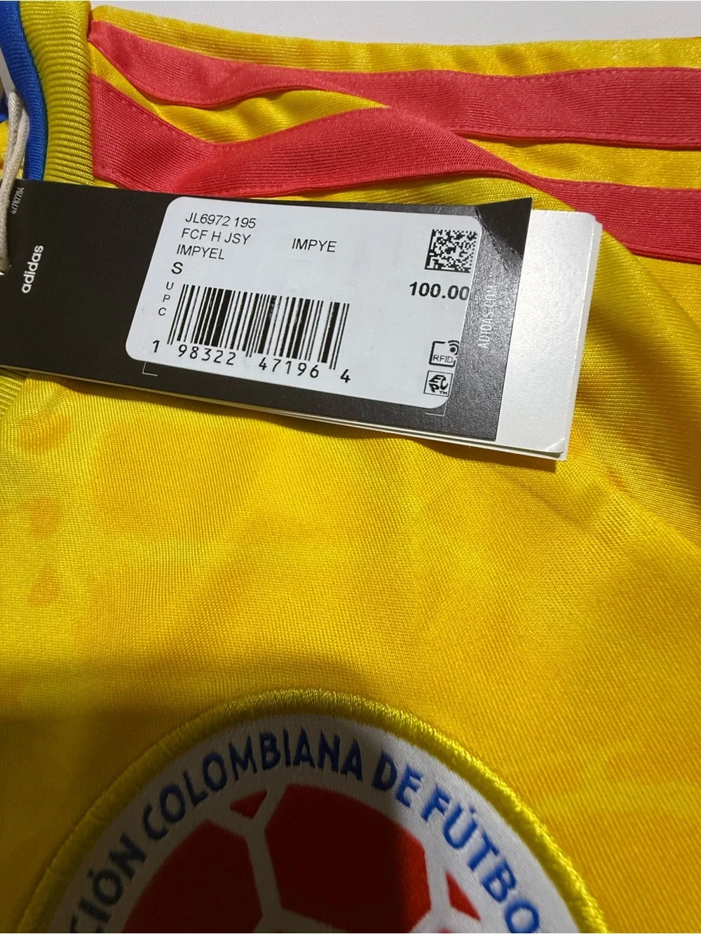adidas men’s Yellow Colombia Soccer Jersey with Red Stripes size Small.